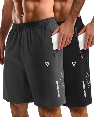 DOMYOS 2 Pack Mens Athletic Shorts Quick Dry 7 Inch Running Shorts Breathable Mesh Gym Workout Shorts with Zipper Pockets(Black&Dark Gray,L
